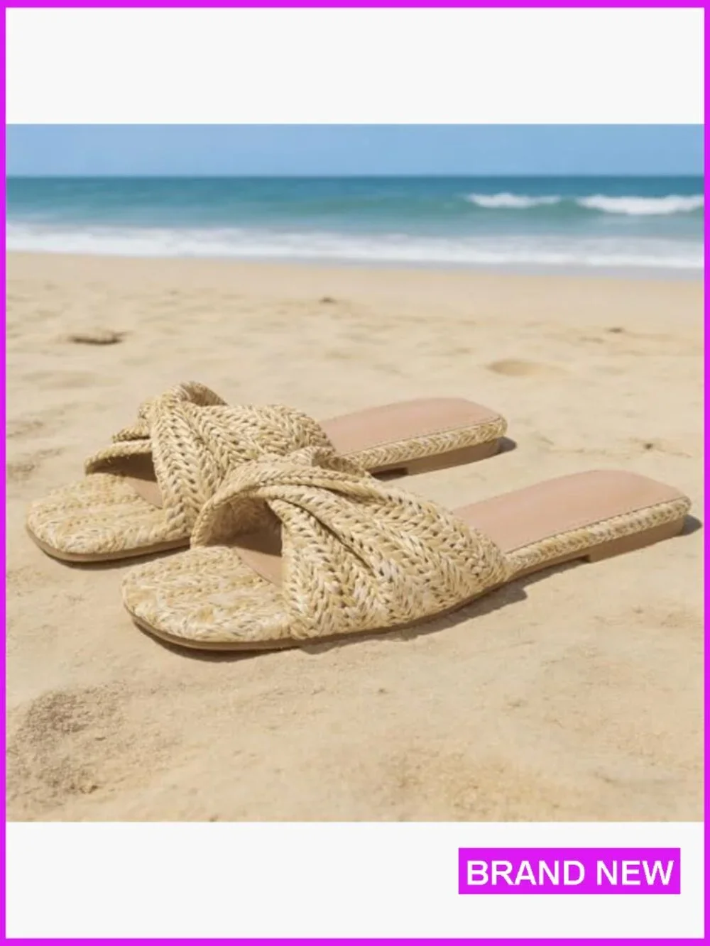 Straw Woven Raffia Flat Sandals Slip On Slides Comfort Square Toe Beach Dressy